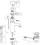 Schematik eines Einhebelmischers von HANSA, mit Einzelteilen wie Auslauf, Bedienhebel und Ablaufgarnitur für Waschtische. Visualisierung von Montage und Komponenten.